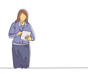 Poster - one single line drawing of young pensive female manager standing and thinking business strategy to c