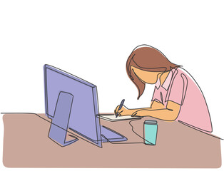 Poster - One single line drawing of young pensive female employee works overtime to finish writing company draft business proposal. Business agreement concept continuous line draw design vector illustration