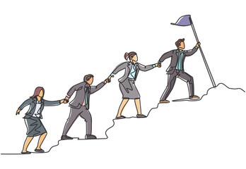 Poster - One continuous line drawing of male and female team member stick together follow their leader who holds flag to reach the top of the hill. Teamwork concept single line draw design vector illustration