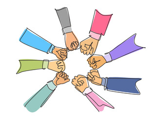 Poster - Single continuous line drawing group of young business people unite their hands together to form a circle shape as a unity symbol. Teamwork concept one line draw graphic design vector illustration