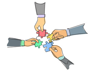 Sticker - Single continuous line drawing of business team members unite puzzle pieces together to one as team building symbol. Employee teamwork concept. Trendy one line draw design vector graphic illustration