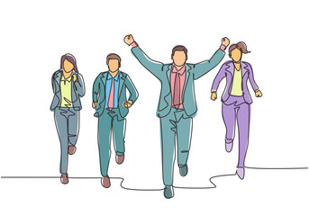 Poster - one continuous single line drawing of young happy male manager rise fist to the air after winning cr