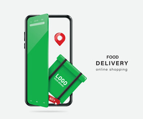 Wall Mural - Green square-shaped bag or food container and a buy icon are placed on bottom and there is a pin for rider food delivery location. All were on the smartphone screen that was ajar like opening door