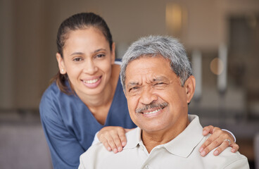 Canvas Print - Portrait of elderly man with a nurse, bonding during a checkup at assisted living homecare . Smile, happy and friendly mature patient relax and enjoy time with a loving, carefree healthcare worker