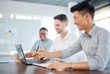 Poster - Digital marketing, laptop or diversity teamwork in office, creative company or startup with kpi paper, documents and target audience research. Smile, happy and planning men and woman in data analysis