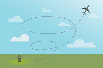 Airplane routes. Travel vector icon. Travel from start point and dotted line tracing. Airplane Take off from location to the sky