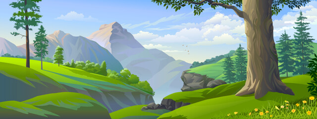Wall Mural - a landscape of beautiful cliffs with green meadows and mountains.