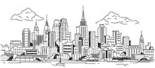 New York Panorama Sketch. Hand Drawn Landscape With American City Skyscrapers, Architecture And Buildings. Design Element For Landing Page Or Website. Simple Linear Vector Illustration In Doodle Style