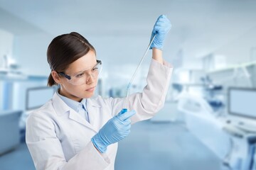 Sticker - medical and medicine laboratory, woman with pipette