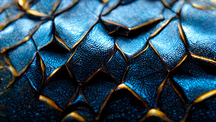 Blue and gold beast skin. Abstract leather wallpaper. Dragon scales close up. Beautiful fairy tale background.