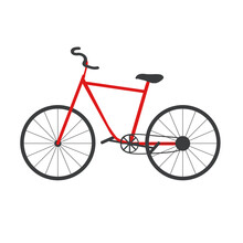 Vector Flat Illustration City Red Bike Insulated Object. Vehicle In Classic Style. Elemental Design Of Urban Mobility, Cycling, Street Sports, Entertainment