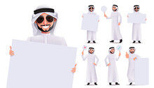 Arab Man Presenting Vector Character Set. Arabian Male Characters Holding White Board, Placard And Signage Elements For Business Presentation Collection Design. Vector Illustration.
