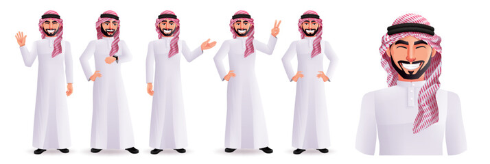Poster - Arab man vector character set design. Arabic male collection in friendly expression with peace, waving and standing pose for business characters. Vector illustration.
