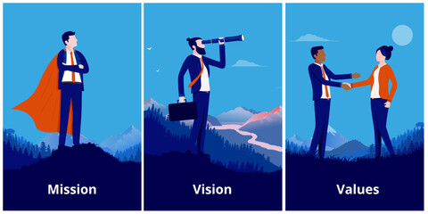 Leinwandbilder - Mission vision values - Collection of vector illustrations with businesspeople and business statement words.