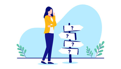 Woman decisions - Female person standing by life crossroad contemplating and wondering about choices. Flat design vector illustration with white background 