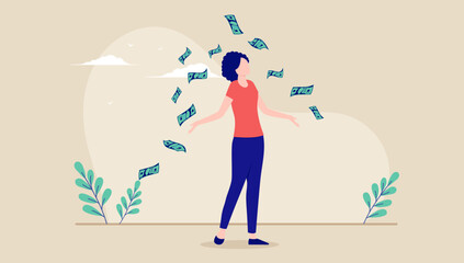 Fototapete - Woman making money - Rich female person standing in casual clothes achieving financial freedom. Flat design vector illustration
