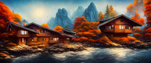 Artistic Concept Painting Of A Beautiful Winter House, Background Illustration.