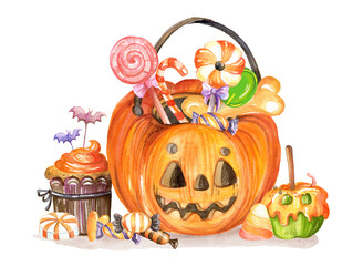 Watercolor illustration Halloween pumpkin bag and sweets