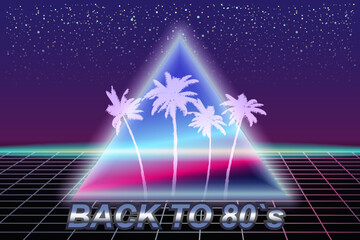 Wall Mural - Back to 80 s retro banner vaporwave aesthetic background Synthwave. Palms silhouette triangle grid 3d, sunset retrowave