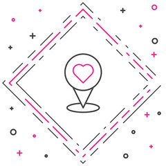 Poster - Line Map pointer with heart icon isolated on white background. Valentines day. Love location. Romantic map pin. Colorful outline concept. Vector