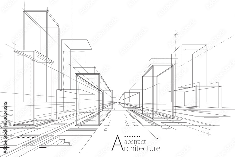 3D illustration Outline drawings of abstract modern urban buildings and ...