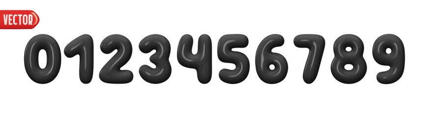 Poster - Black numbers from 0 to 9. Collection of voluminous inflated numbers from balloon. Set of bright bubble spherical figures. Realistic 3d design. vector illustration