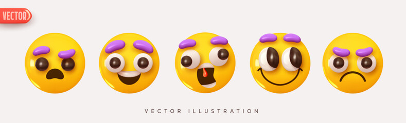 Poster - Funny cute emoticons collection. Set Icon Smile Emoji. Realistic Yellow Glossy 3d Emotions face. vector illustration