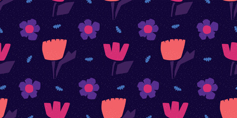 Geometic floral pattern, childish cut out flowers. Collage contemporary floral seamless pattern, Bright violet and pink botanical background. Exotic paper design, cute kids fabric. Vector illustration