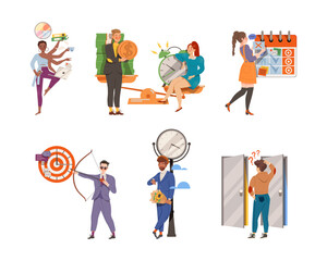 Poster - time management with people characters multitasking and organizing their time vector illustration se