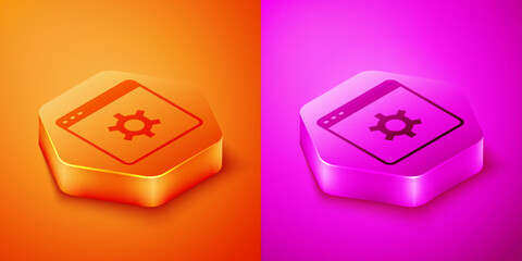 Poster - Isometric Browser setting icon isolated on orange and pink background. Adjusting, service, maintenance, repair, fixing. Hexagon button. Vector