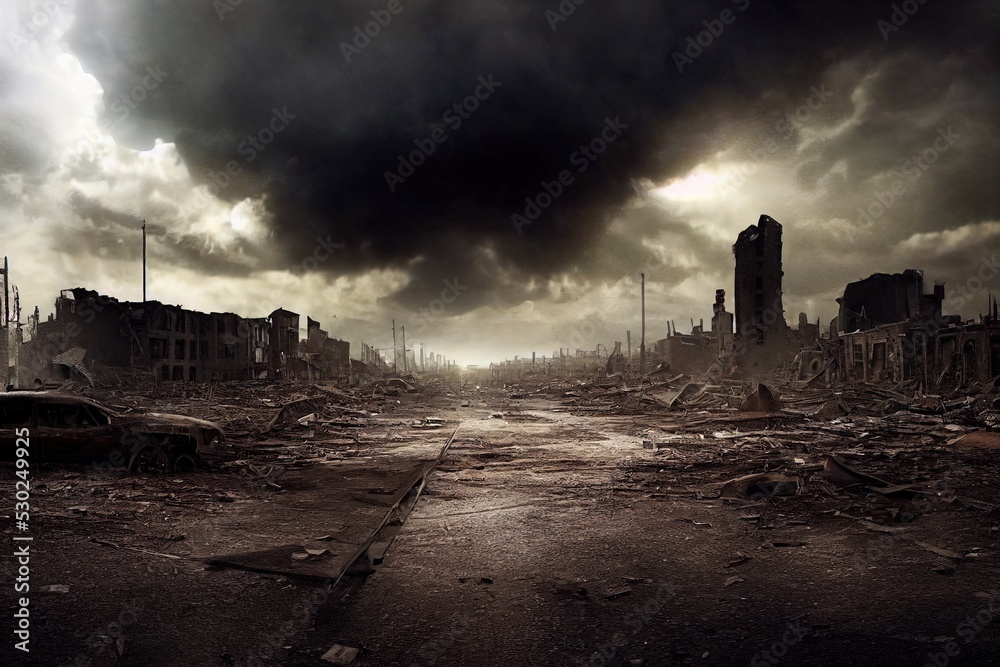 A post-apocalyptic ruined city. Destroyed buildings, burnt-out vehicles ...
