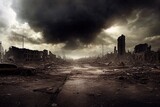 Fototapeta Na ścianę - A post-apocalyptic ruined city. Destroyed buildings, burnt-out vehicles and ruined roads. 3D rendering