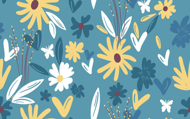 Seamless floral pattern based on traditional folk art ornaments. Colorful flowers on color background. Scandinavian style. Sweden nordic style. Vector illustration. Simple minimalistic pattern