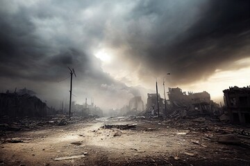 a post-apocalyptic ruined city. destroyed buildings, burnt-out vehicles and ruined roads. 3d renderi