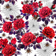 Red Roses, Spiders, Web. Halloween Seamless Pattern With Floral Ornament. Watercolor Gothic Background With Grunge Flowers And Insects