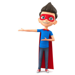 Sticker - Cartoon character boy in a super hero costume shows with his hands on an empty space. 3d render illustration.