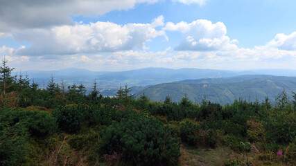 Wall Mural - Mountain landscape. Silesian Beskids. One of the Beskids mountain ranges in Outer Western Carpathians in southern Silesian Voivodeship, Poland. Tatras peaks silhouettes in the distance