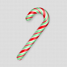 Christmas Candy Cane. Christmas Stick. Traditional Realistic Xmas Candy And Red, Green, White Stripes. Santa Caramel Cane On Transparent Background. Vector Illustration