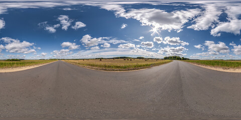 Wall Mural - full seamless spherical hdri 360 panorama view on no traffic asphalt road among fields with overcast