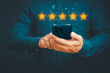 Man's hand using a smartphone and give five star symbol to increase rating of product and service concept, Customer service experience, testimonial and business satisfaction survey.