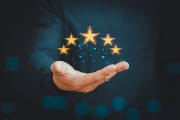 Poster - Man give positive reviews for customer satisfaction surveys, Five star rating, Customer assessment feedback, Service rating satisfaction and testimonial concept.