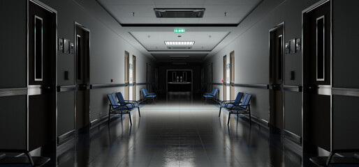 Wall Mural - Long dark hospital corridor with rooms and seats 3D rendering. Empty accident and emergency interior with bright lights lighting the hall from the ceiling