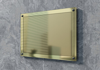 Poster - Golden sign plate on wall mockup. Template of a gold business signboard on marble texture. 3D rendering