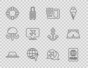 Canvas Print - Set line Man hat with ribbon, Passport, Photo camera, Globe flying plane, Lifebuoy, Speech bubble airplane, and Swimming trunks icon. Vector