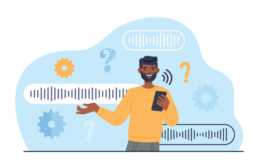 Poster - voice assistant application. man writes down messages, communication in social networks and messenge