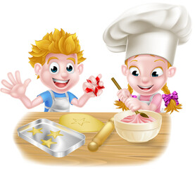 Canvas Print - Cartoon Boy and Girl Baking