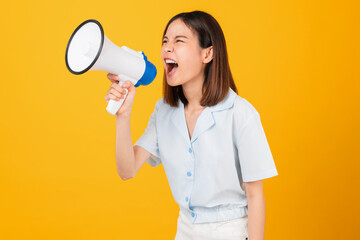 Wall Mural - Woman holding megaphone with fists clenched celebrating victory expressing success on yellow background.