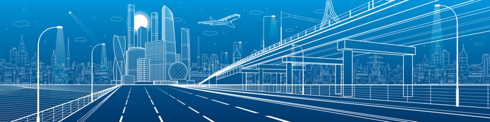 White outlines Infrastructure illustration. Large highway in city. Modern town at blue background, tower and skyscrapers, business building. Plane is flying. Vector design art