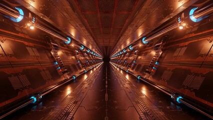 Wall Mural - 3D rendered animated loop of a spaceship background in space station going dark. Futuristic interior corridor with orange neon lights walls. Hyperrealistic seamless lopped animation tunnel