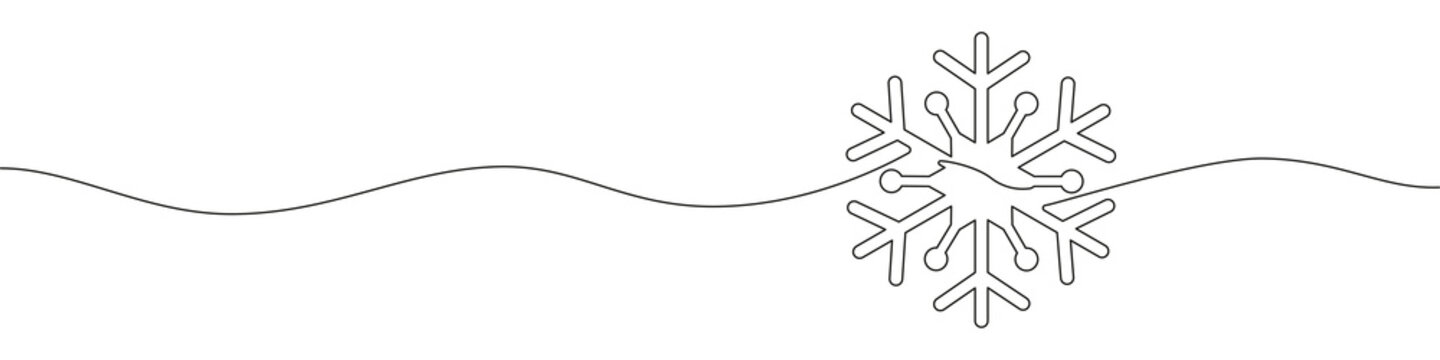 Vector continuous one single line drawing of snowflake Christmas decoration in silhouette on a white background. Linear stylized vector illustration.